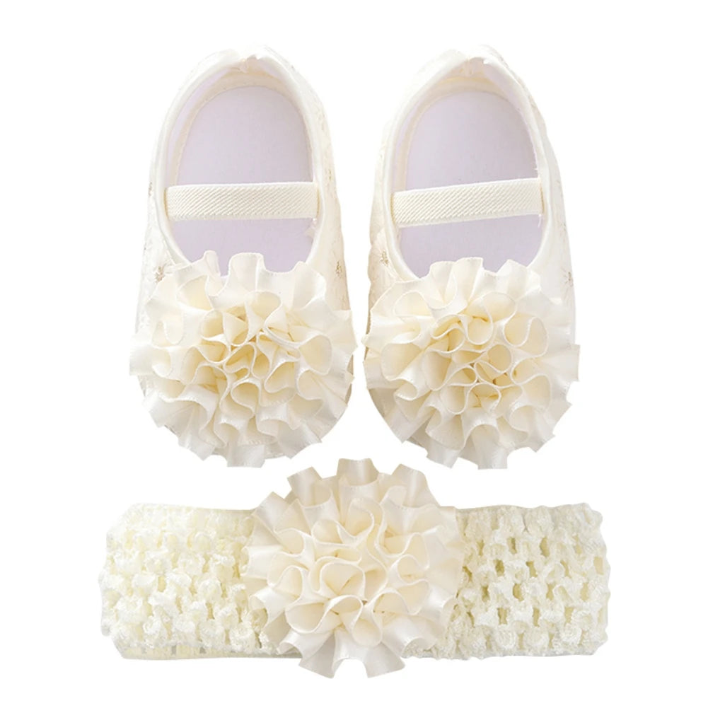 Newborn Baby Shoes Baptism Yellow Headband Baby Girl Lace Shoes Set Toddler Prewalker Cute Baby Soft Shoes for 0-12M Kids