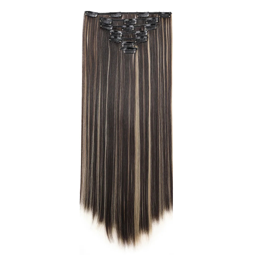 22Inch Long Straight Clip in Hair Extension  Hairstyle 16 Clips 7Pcs/Set   Synthetic  Black Brown Hairpieces  For Wom