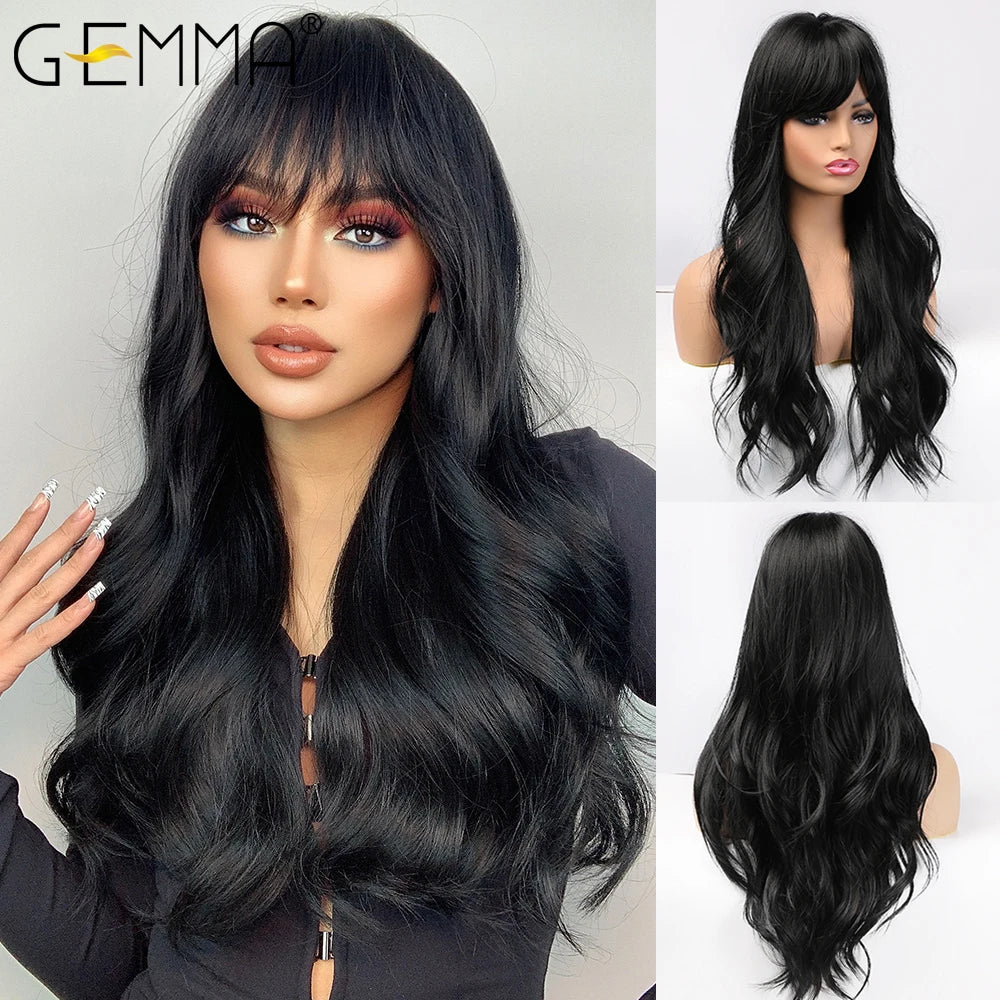 Long Wavy Light Ash Blonde Synthetic Wigs with Bangs for Women Natural Wave Cosplay Party Daily Use Hair Wigs Heat Resistant