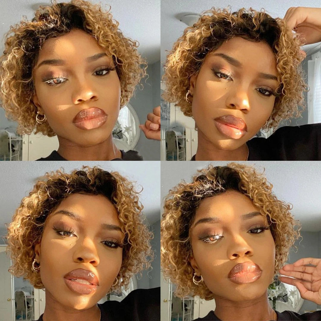 99J Burgundy Highlight Honey Colored Short Curly Pixie Cut Lace Wig Pre plucked Bob Wig 13x2 Lace Front Curly Human Hair Wigs