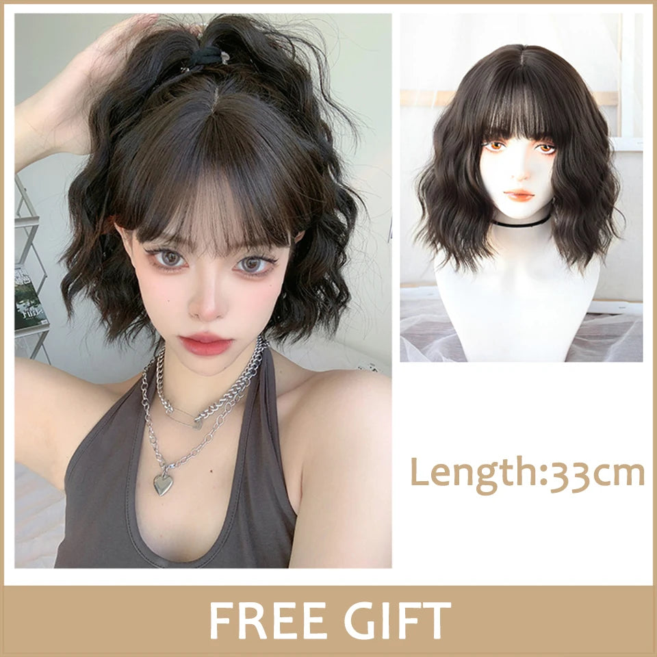 Pink Short Bob Straight Synthetic Wig with Bangs for Cosplay Lolita Fake Hair for White Women Party Natural Wig High Temperature