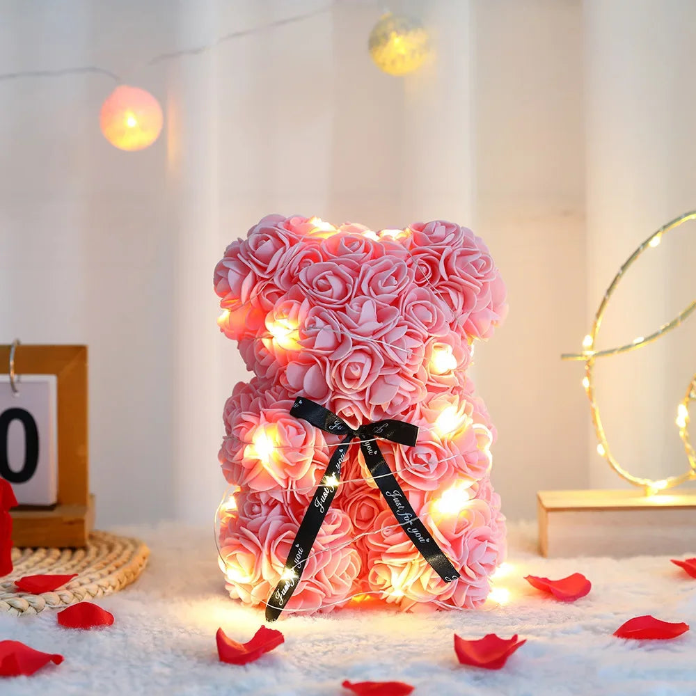 25cm Artificial Teddy Rose Flower Bear with Box Romantic Valentines Day Gift Girlfriend Women Anniversary Wedding Party Supplies