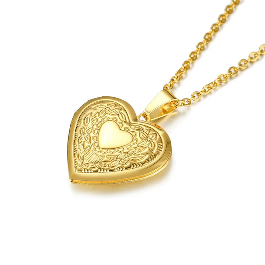 Heart Locket Pendants Necklaces For Women Gold Color Photo Frame Valentine Lovers Necklace 45/66cm Gift Jewelry