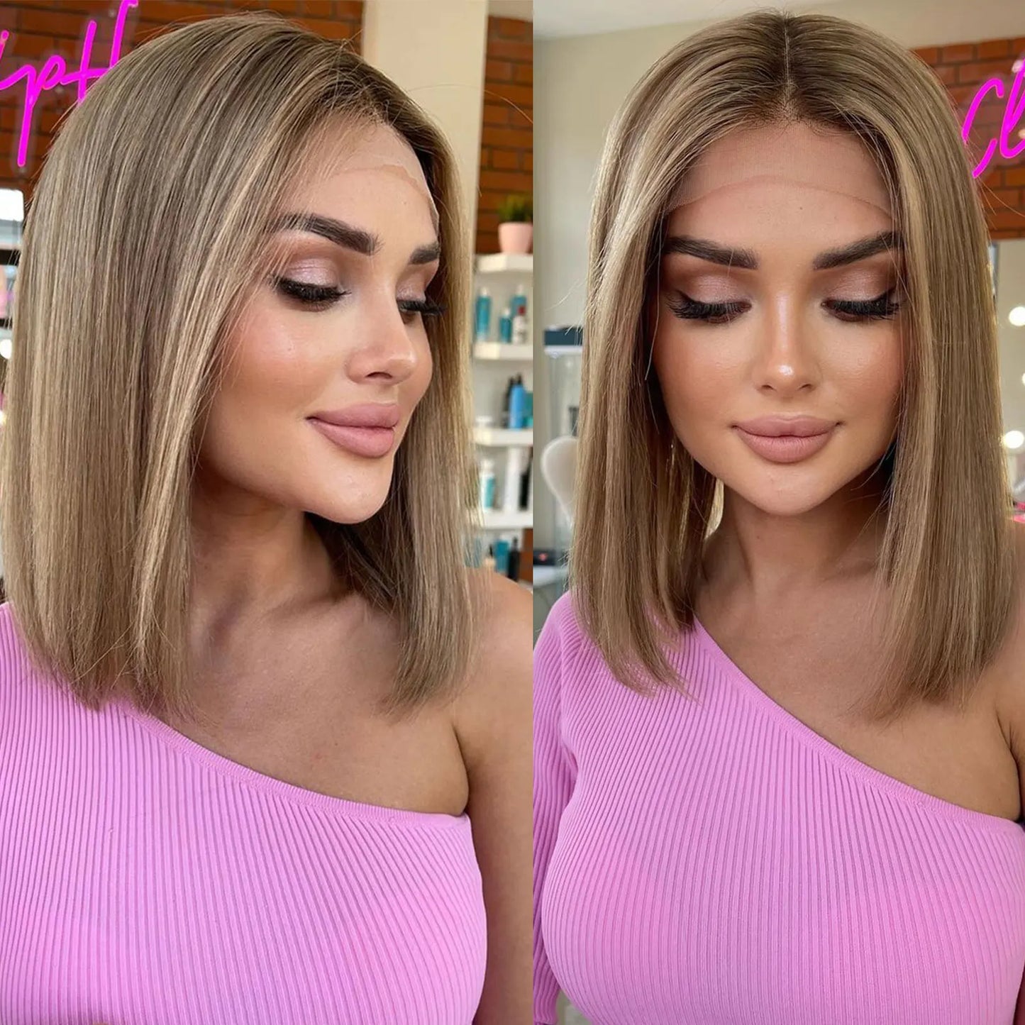 Brown Blonde Highlight Synthetic Lace Front Short Bob Wigs 13x3 Colored Straight Glueless Wig Dark Roots Blonde Wig For Women