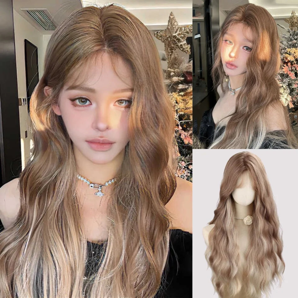 LM Long Body Wave Black And Gray Ombre Cosplay Wigs Heat Resistant Synthetic Wigs Bangs Natural Lolita Wigs For Women Halloween