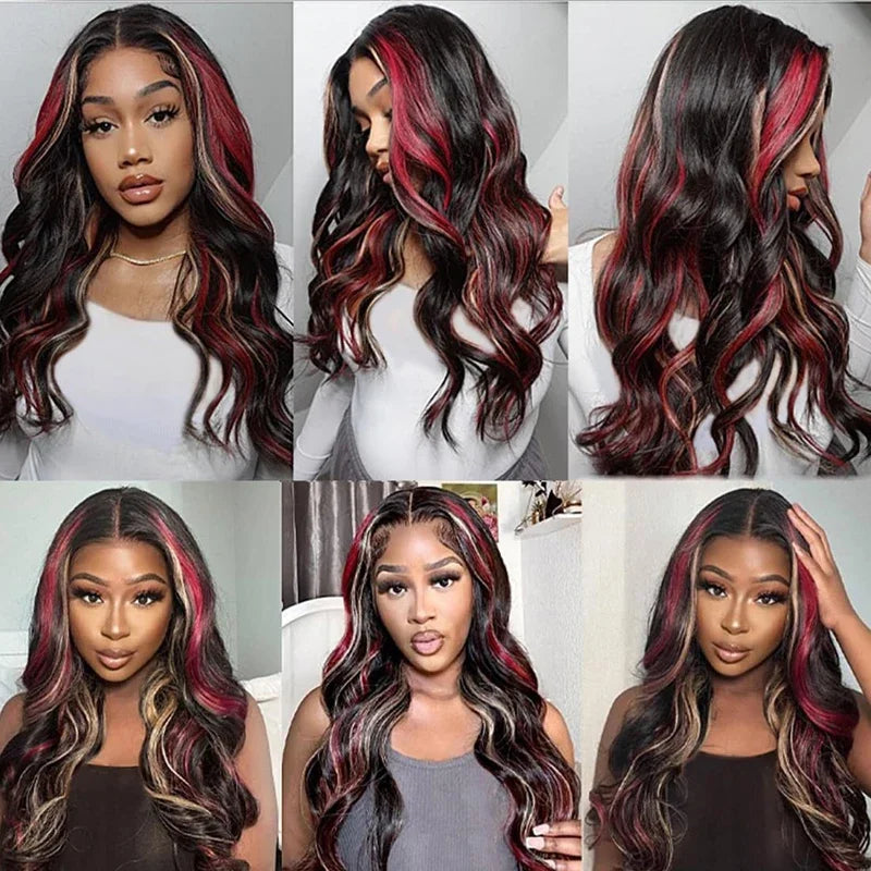 Black Red Blonde Burgundy Highlight Body Wave Synthetic Lace Wigs For Women 13X4 HD Lace Front Wigs Pre Plucked with Baby Hair