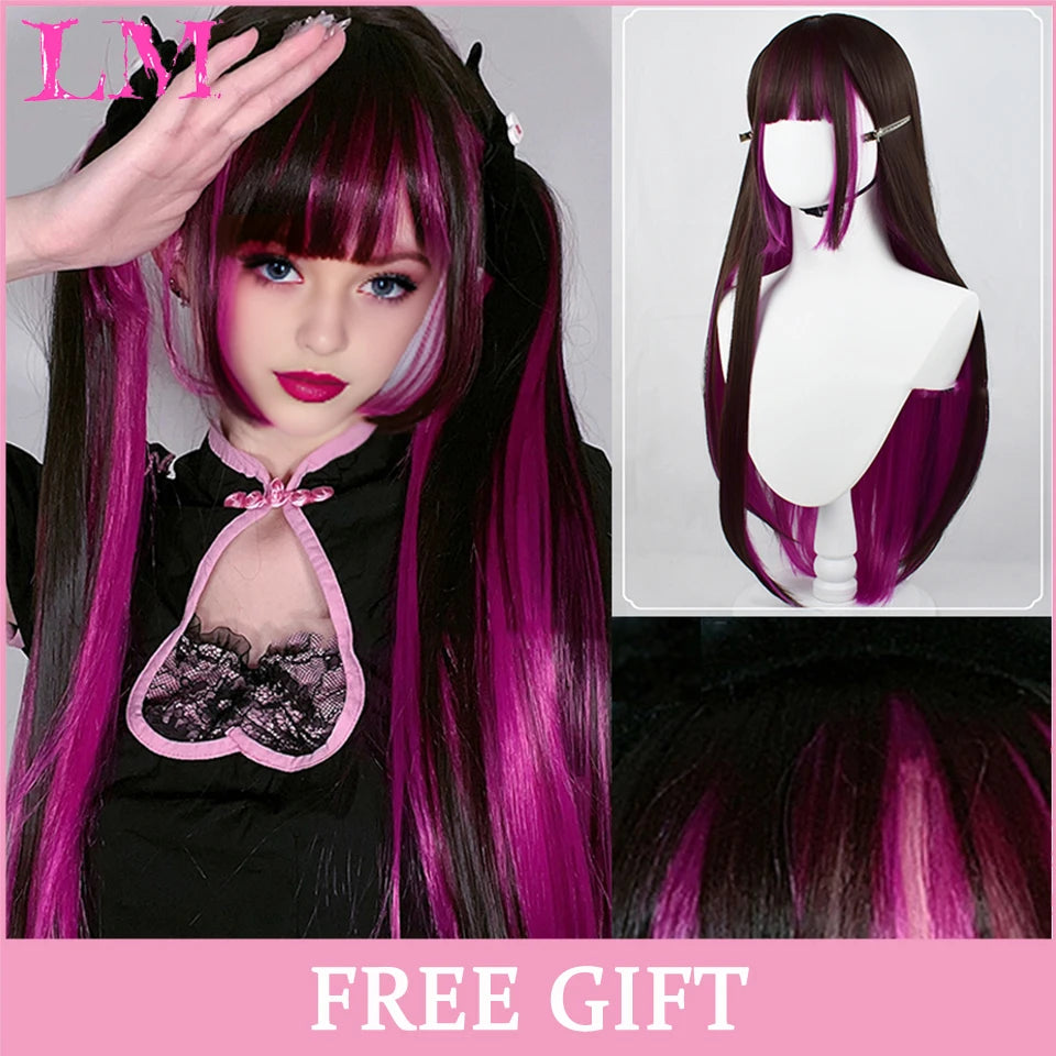 Pink Short Bob Straight Synthetic Wig with Bangs for Cosplay Lolita Fake Hair for White Women Party Natural Wig High Temperature