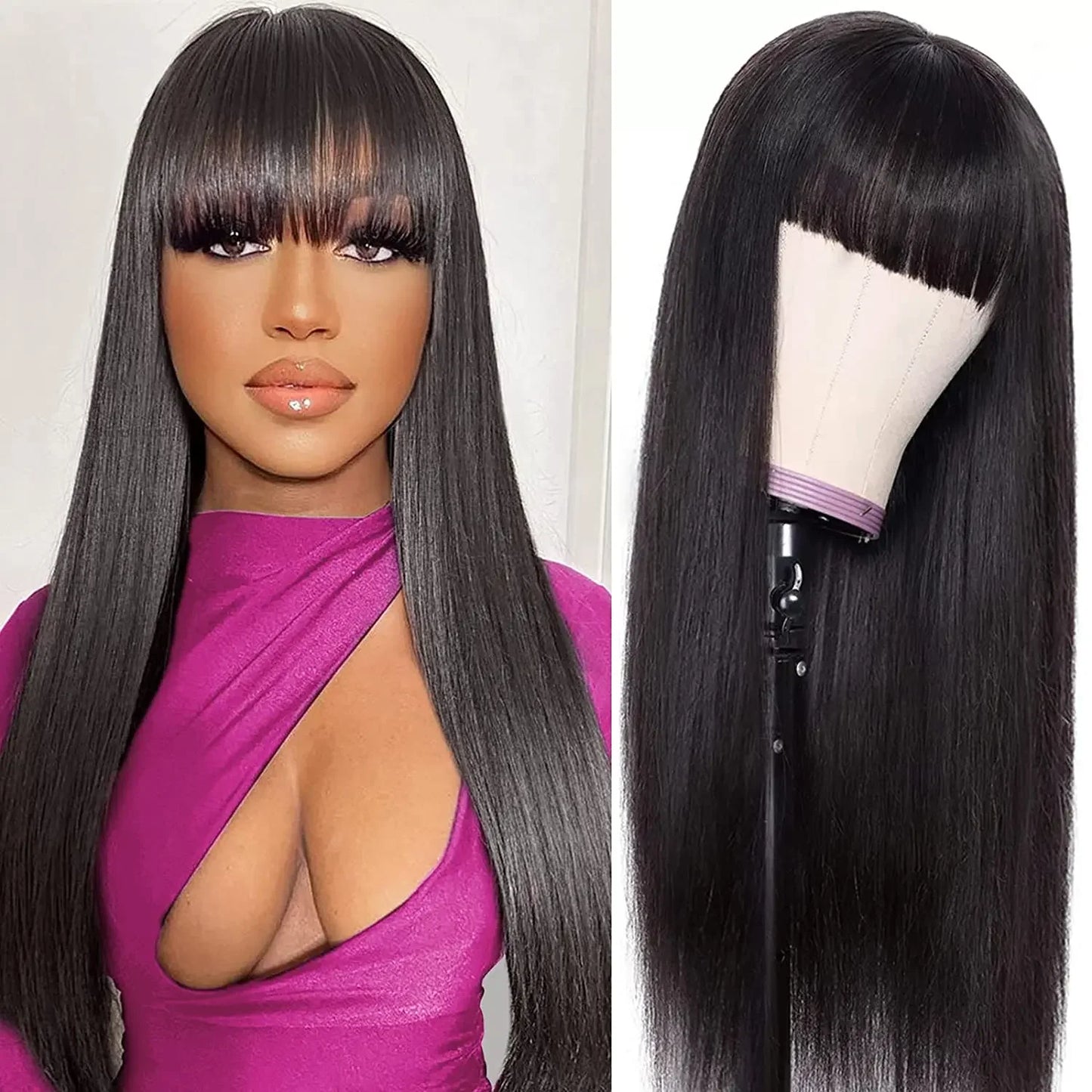 BAHW Peruvian Straight Full Machine Made Perruque with Bang Natural Color Human Hair Wig For Women Pre-Plucked Virgin Hair Wig