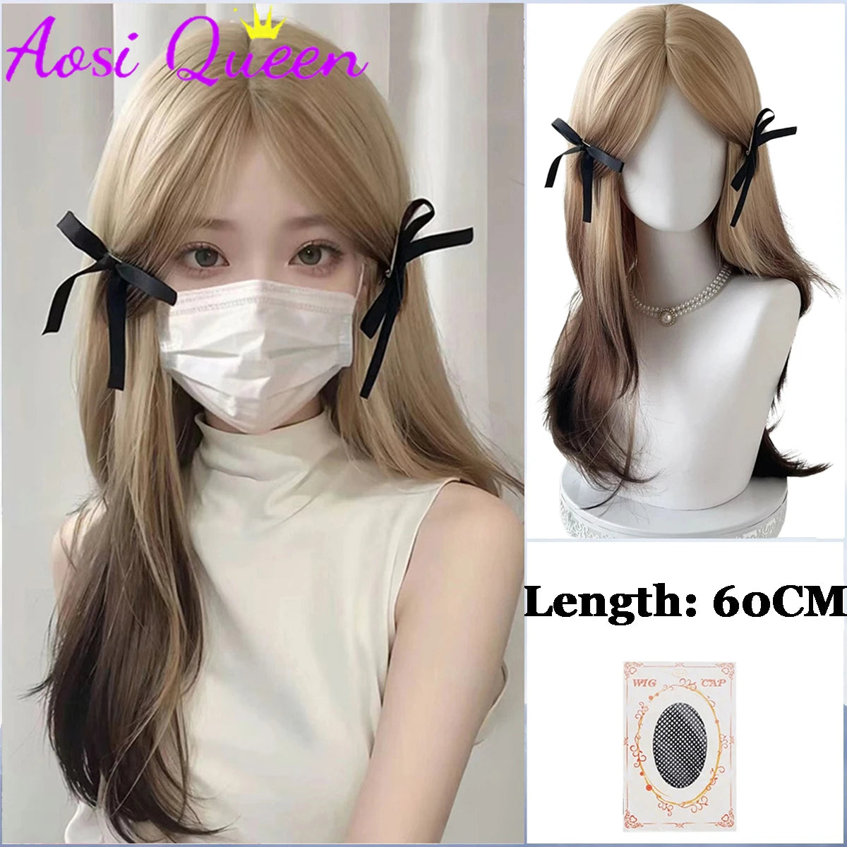 AosiQueen Brown Blonde Long Wavy Synthetic Wigs Middle Part Natural Wig Heat Resistant Cosplay Party Daily Hair Wig for Women