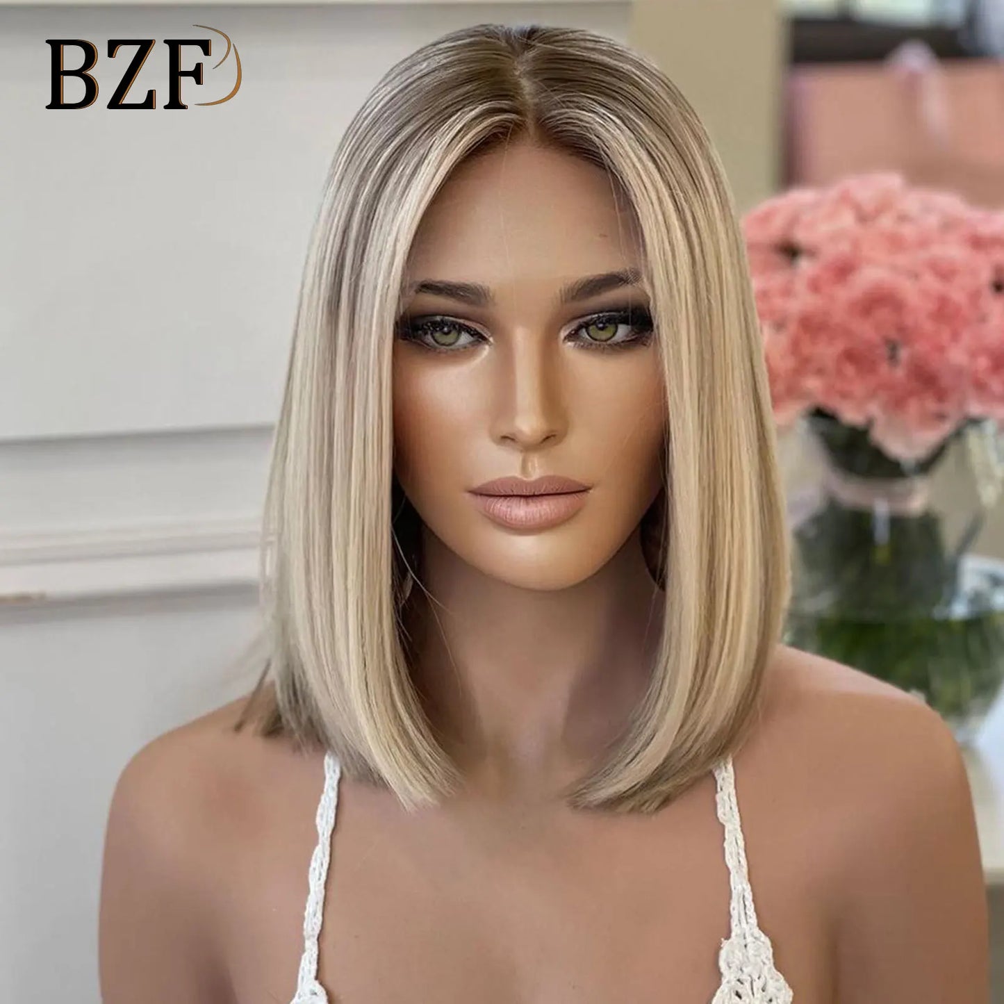 Brown Blonde Highlight Synthetic Lace Front Short Bob Wigs 13x3 Colored Straight Glueless Wig Dark Roots Blonde Wig For Women