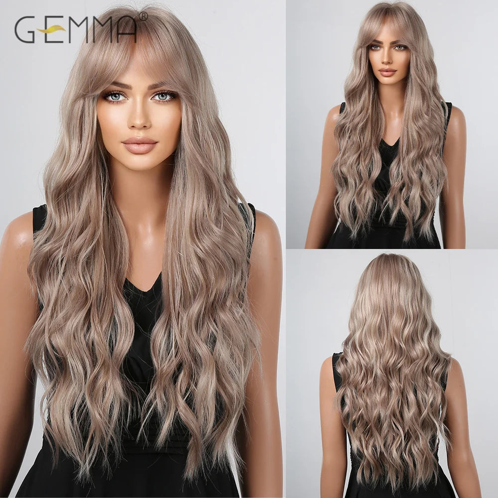 Long Wavy Light Ash Blonde Synthetic Wigs with Bangs for Women Natural Wave Cosplay Party Daily Use Hair Wigs Heat Resistant