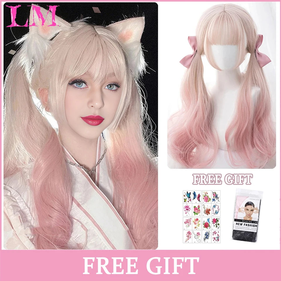 Pink Short Bob Straight Synthetic Wig with Bangs for Cosplay Lolita Fake Hair for White Women Party Natural Wig High Temperature