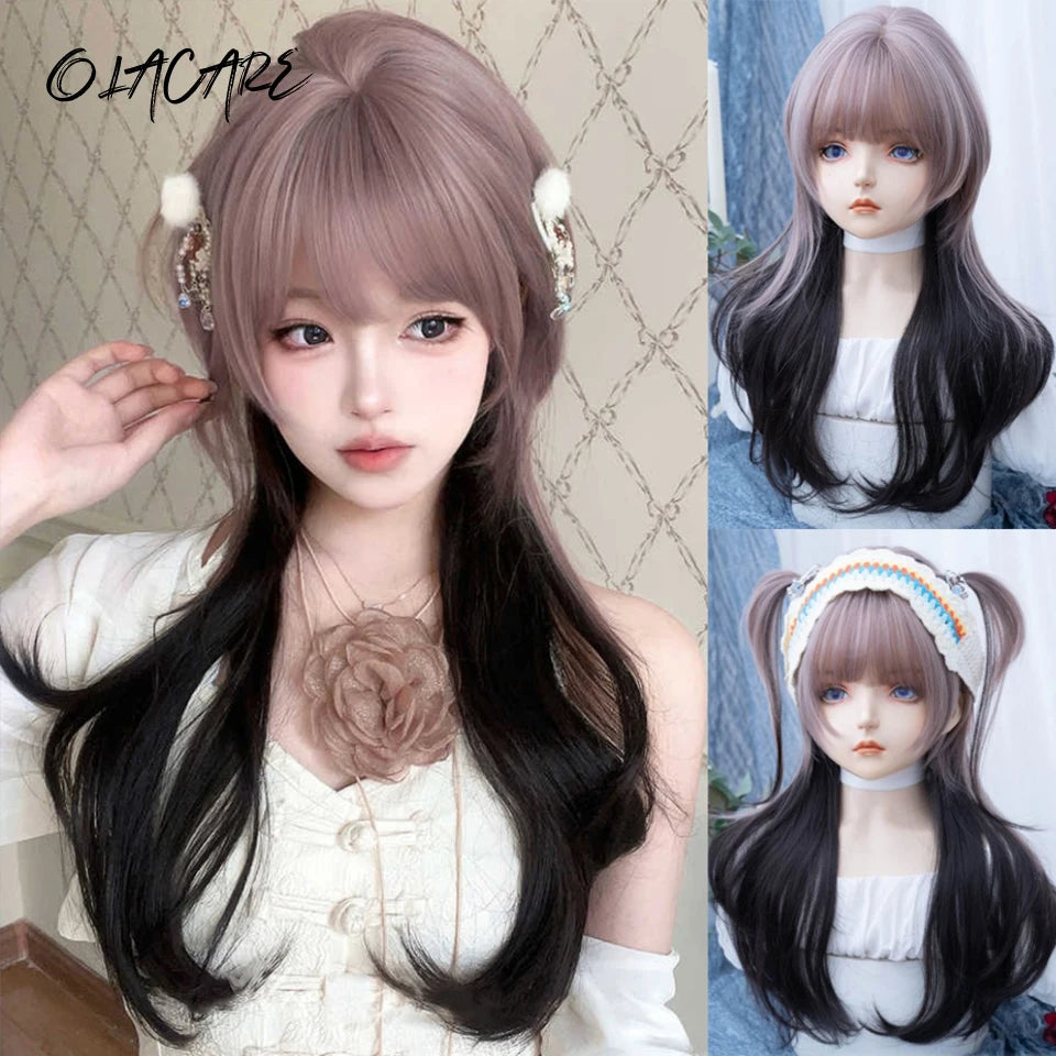 LM Long Body Wave Black And Gray Ombre Cosplay Wigs Heat Resistant Synthetic Wigs Bangs Natural Lolita Wigs For Women Halloween