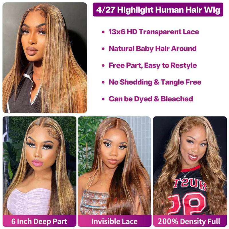 Ombre 4/27 Colored Highlight 13X6 Tansparent Lace Front Straight Wig Peruvian Human Hair Pre Plucked with Baby Hair for Women