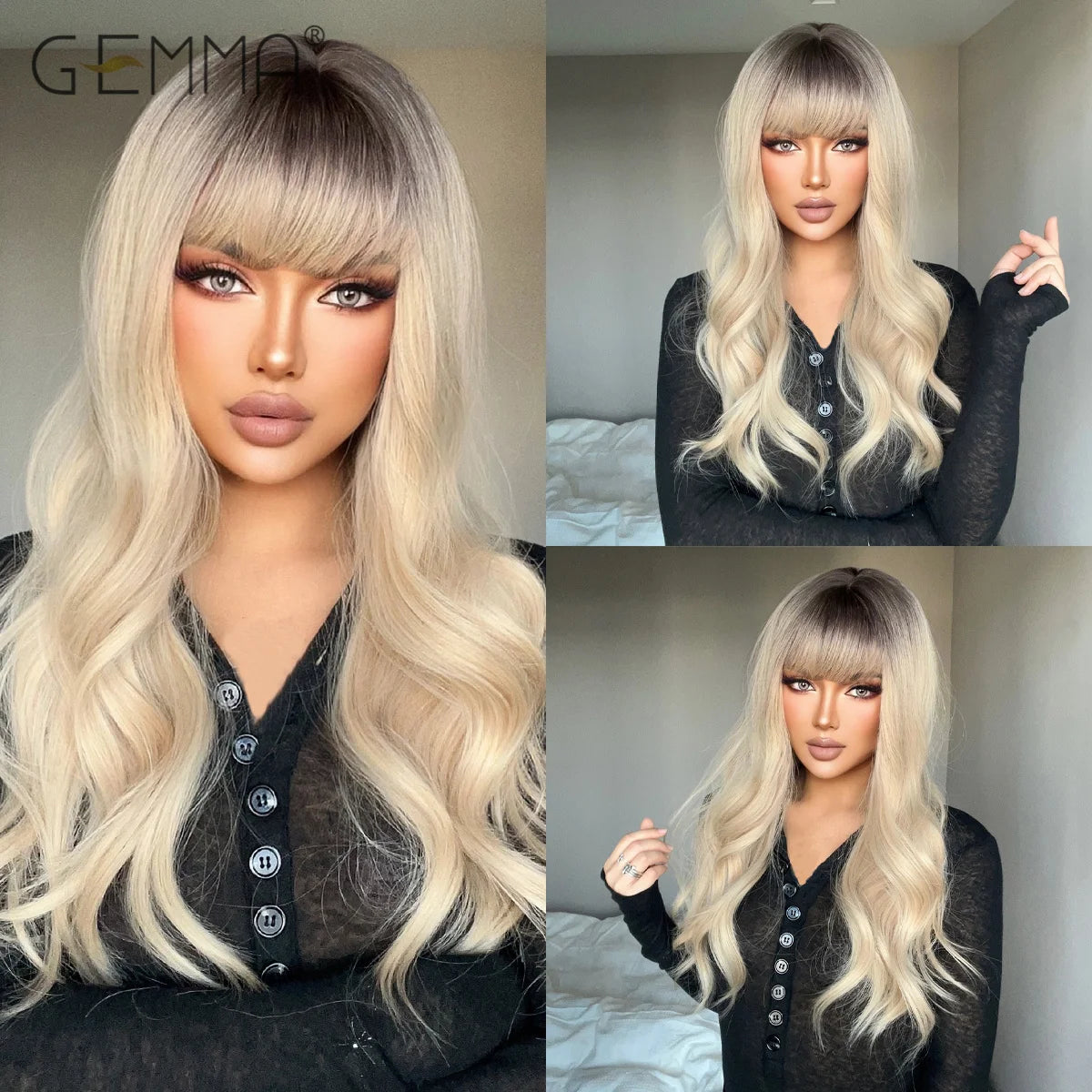 Long Wavy Light Ash Blonde Synthetic Wigs with Bangs for Women Natural Wave Cosplay Party Daily Use Hair Wigs Heat Resistant