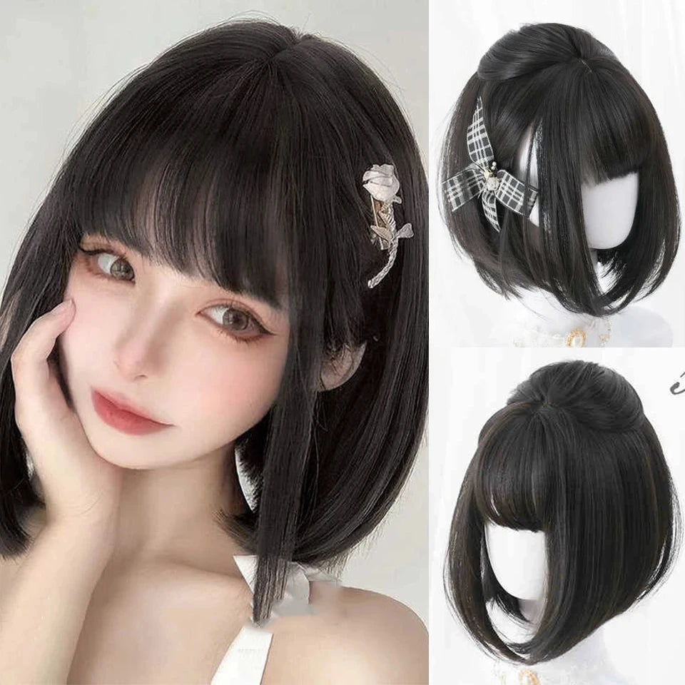 LM Long Body Wave Black And Gray Ombre Cosplay Wigs Heat Resistant Synthetic Wigs Bangs Natural Lolita Wigs For Women Halloween