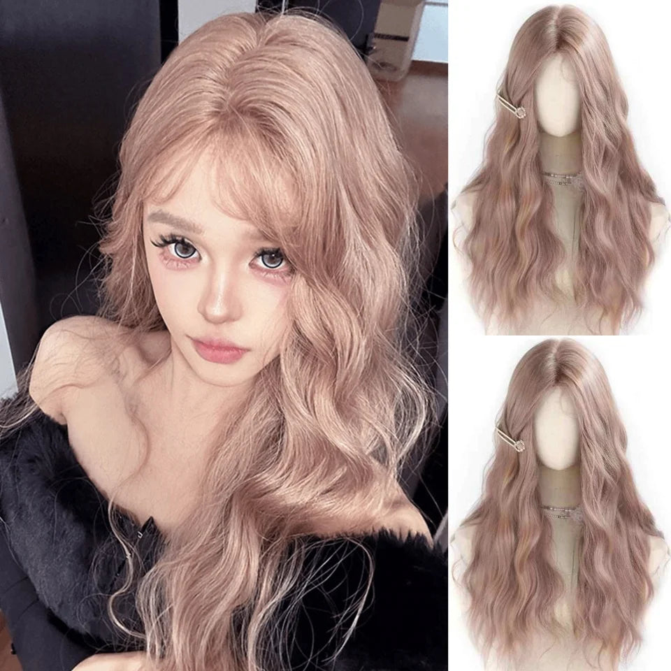 LM Long Body Wave Black And Gray Ombre Cosplay Wigs Heat Resistant Synthetic Wigs Bangs Natural Lolita Wigs For Women Halloween