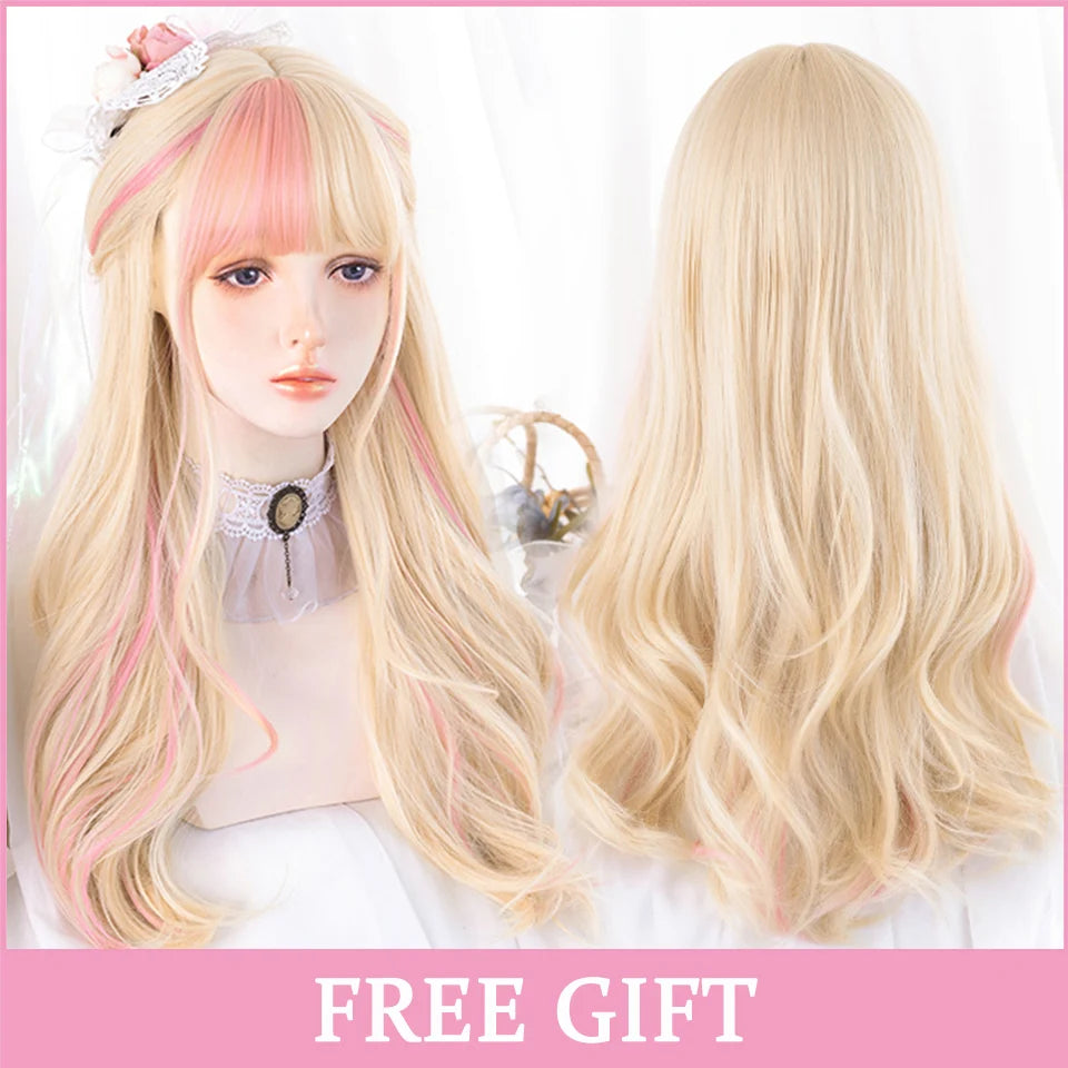 LM Cosplay Wig With Bangs Synthetic Straight Hair 24 Inch Long Heat-Resistant Pink Wig For Women