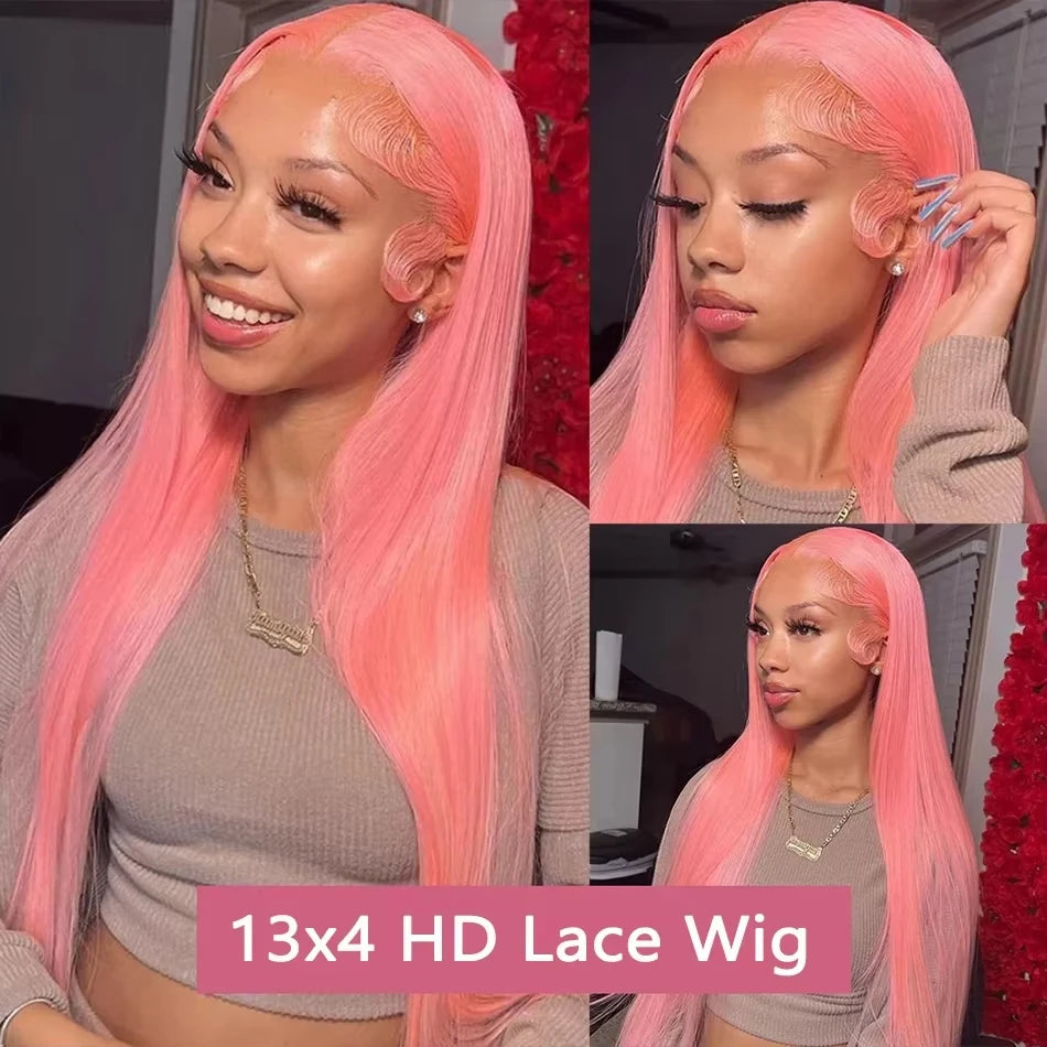 Colored Wigs Human Hair Full End 100% Pink Straight Transparent PrePlucked Brazilian HD Lace Frontal Wig 30 40 Inch For Women