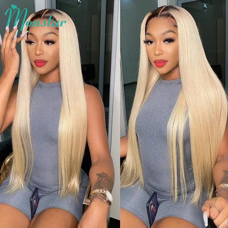 13x6 Transparent 1B 613 Lace Frontal Wigs 30 32 34 Inch Peruvian Remy Blonde Ombre Straight Lace Front Human Hair Wigs for Women