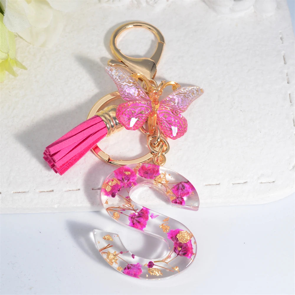 Exquisite Pink Dry Flower Resin 26 Initial Keychain Butterfly Tassel Pendant A to Z Keyring for Women Valentine's Day Gift