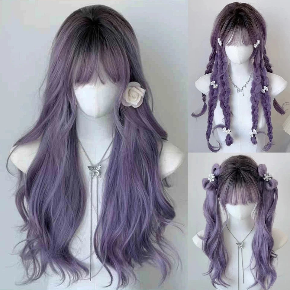 LM Long Body Wave Black And Gray Ombre Cosplay Wigs Heat Resistant Synthetic Wigs Bangs Natural Lolita Wigs For Women Halloween