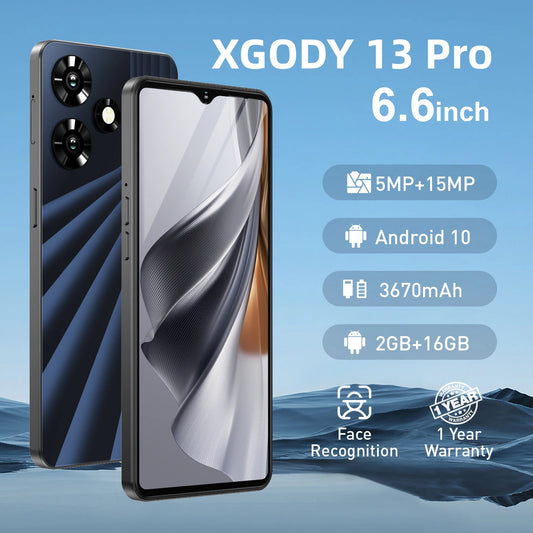 2025 XGODY 13 Pro,Smartphone Android,6.6 Inch,2+16GB ROM,3670mAh Battrey,Cell Phone,Google Play Store,5+15MP,2 SIM Mobile Phones