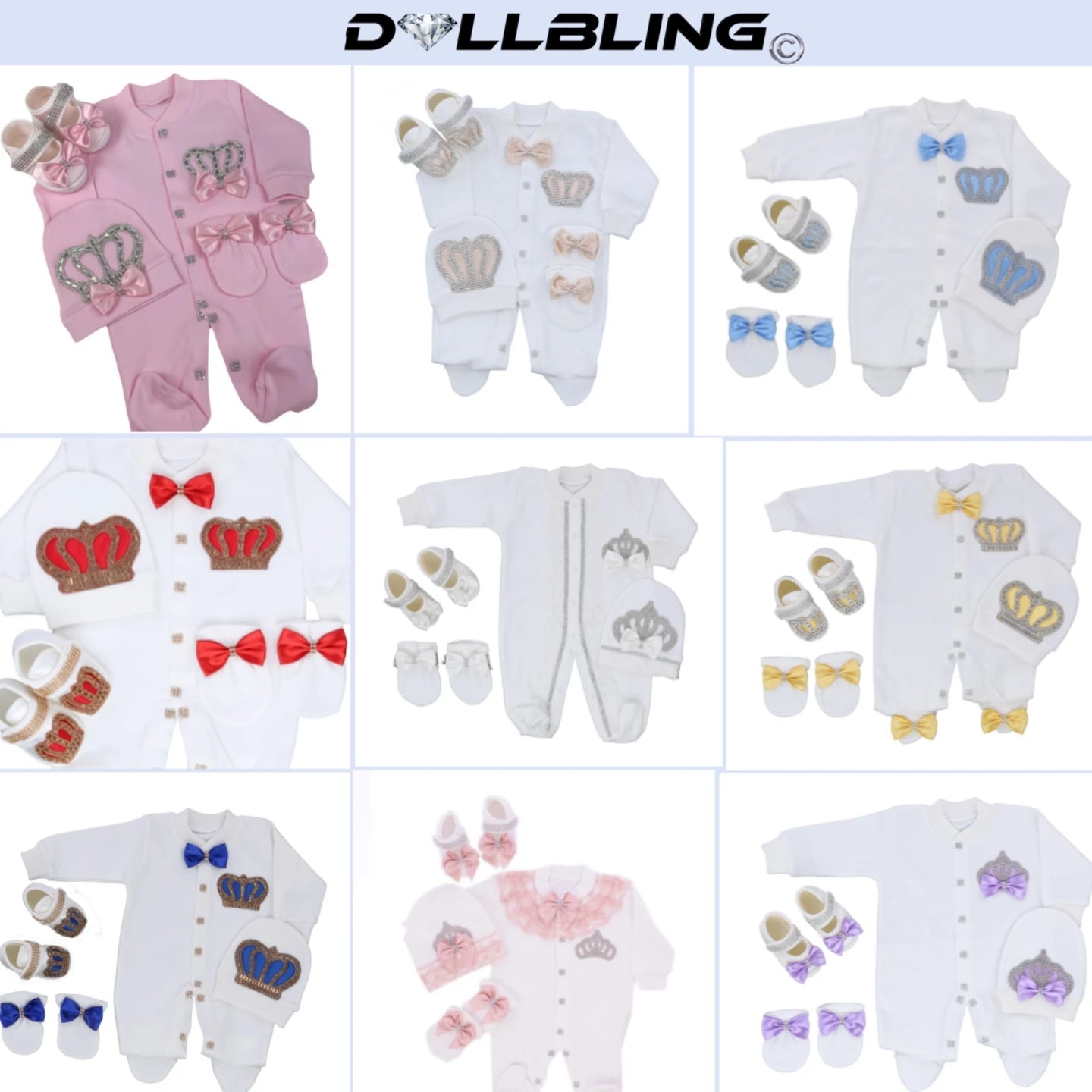 Dollbling Royal Bling Jewelry Crown Gift Clothing Sets Welcome Home Baby Rompers Mittens Bonnet Pajamas Outfit 4pcs Layette