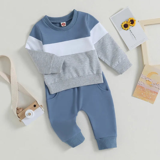 Newborn Baby Boy Pant Sets Autumn Clothes 2 Piece Outfits Contrast Color Long Sleeve Sweatshirt and Elastic Pants Baby Items