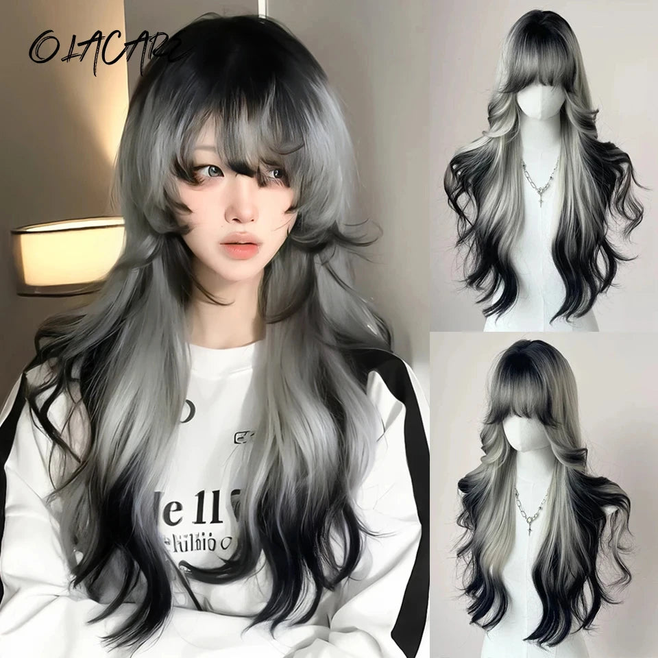 LM Long Body Wave Black And Gray Ombre Cosplay Wigs Heat Resistant Synthetic Wigs Bangs Natural Lolita Wigs For Women Halloween