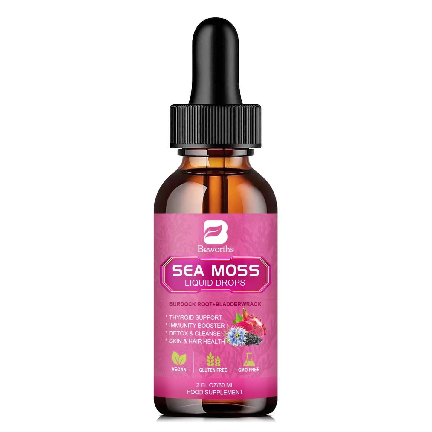 BEWORTHS 3000MG Seamoss Liquid Drop Organic Black Seed Oil & Burdock Root Bladder Enhance Immunity, Hair,Skin & Digestion Health