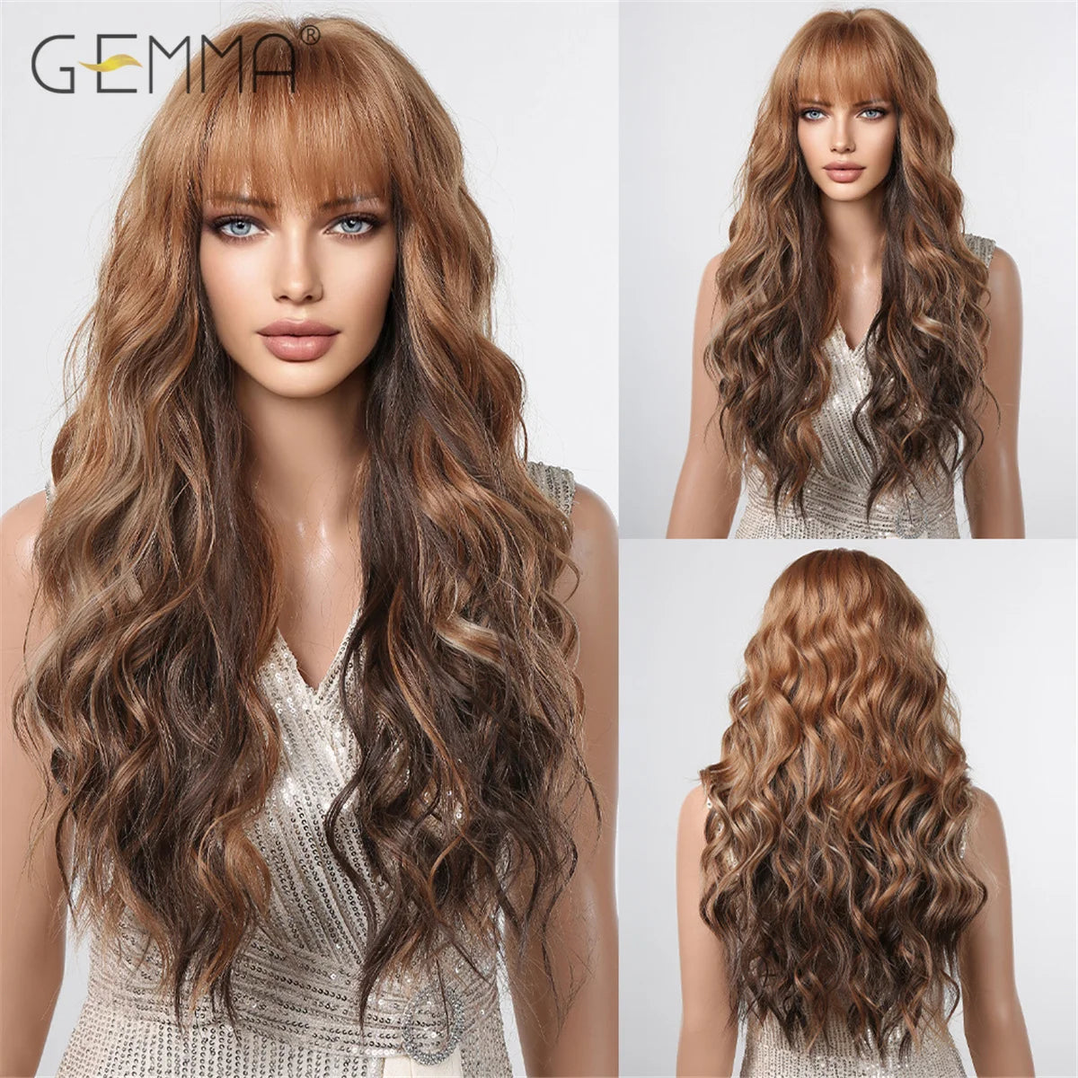 Long Wavy Light Ash Blonde Synthetic Wigs with Bangs for Women Natural Wave Cosplay Party Daily Use Hair Wigs Heat Resistant