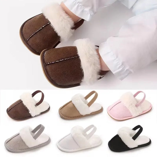 Toddlers Baby Boys Girls Fluffy Slides Soft Slippers Anti-slip Pre-walker Newborn Plush Warm Floor Shoes Elastic Back Strap