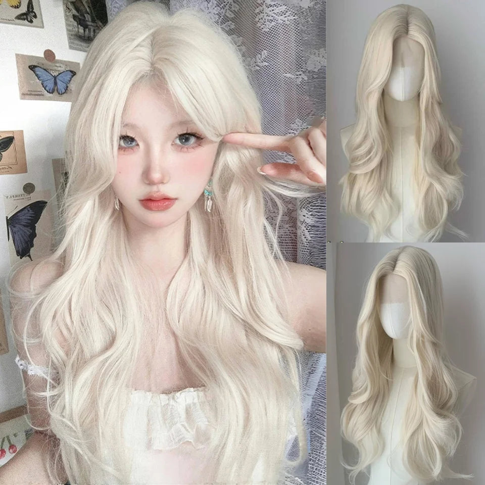 LM Long Body Wave Black And Gray Ombre Cosplay Wigs Heat Resistant Synthetic Wigs Bangs Natural Lolita Wigs For Women Halloween