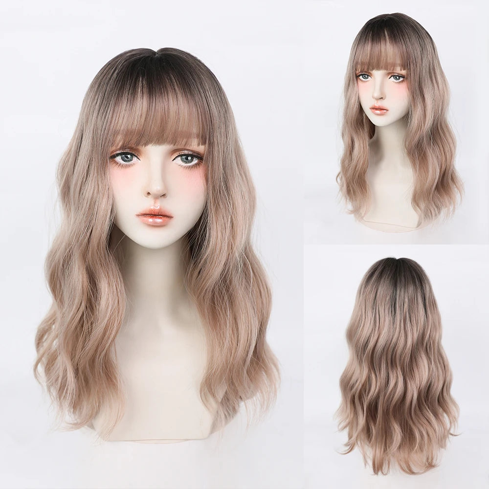 Dense Long Wave Wig Women Wig with Bangs Blonde Cospaly Lolita Daily Party Synthetic Wigs Heat Resistant Fiber Natural Fake Hair