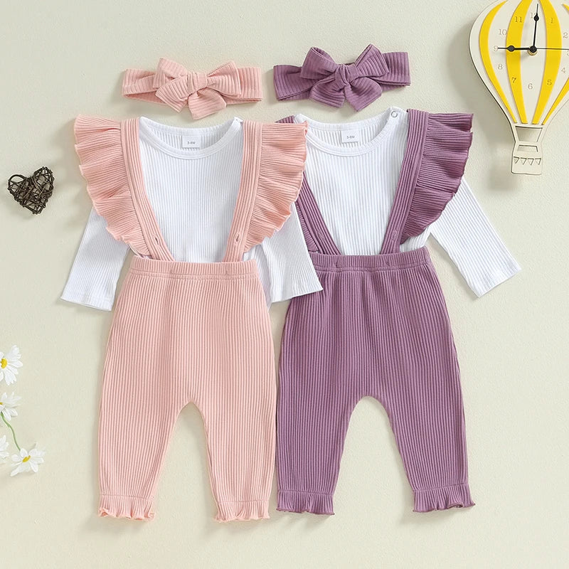 2024-05-31 Lioraitiin Baby Girl Ribbed Outfit, Long Sleeve Romper Ruffle Trim Overalls Bow Headband 3 Piece Set for Fall