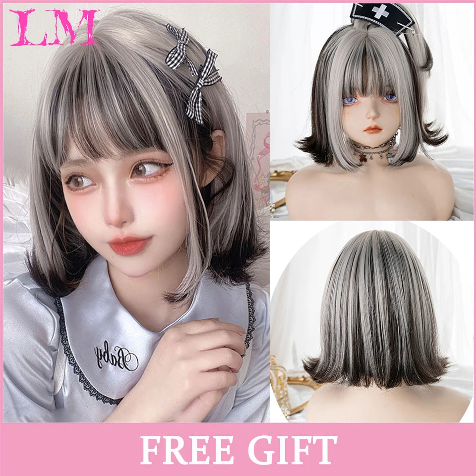 LM Cosplay Wig With Bangs Synthetic Straight Hair 24 Inch Long Heat-Resistant Pink Wig For Women