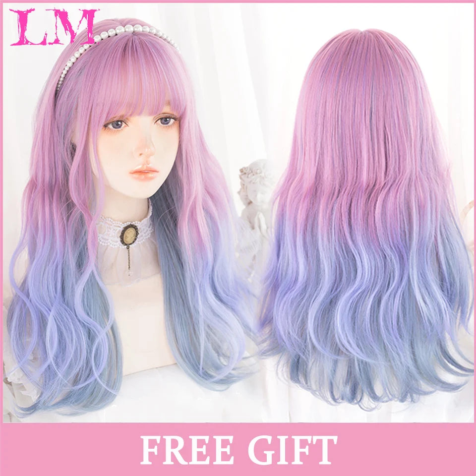 LM Cosplay Wig With Bangs Synthetic Straight Hair 24 Inch Long Heat-Resistant Pink Wig For Women