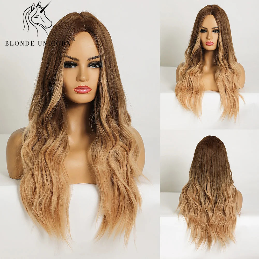 Blonde Unicorn Synthet Wig Long Wavy Mixed Brown Blonde for White Black Women Daily Party High Density Temperature Fibre Hair