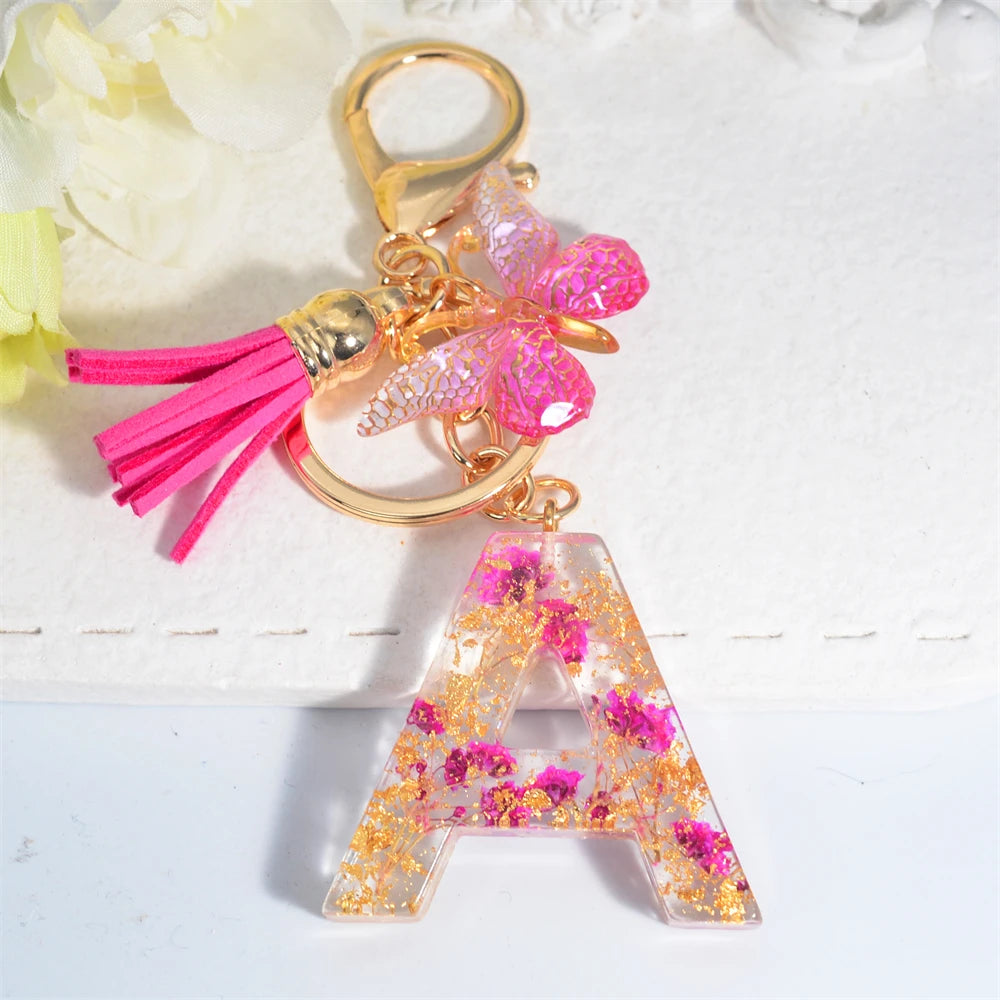 Exquisite Pink Dry Flower Resin 26 Initial Keychain Butterfly Tassel Pendant A to Z Keyring for Women Valentine's Day Gift