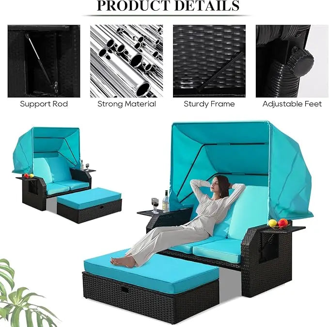 Outdoor Wicker Loveseat - Patio Furniture Set with Retractable Canopy, Adjustable Back, Side Table, Ottoman, Cushion