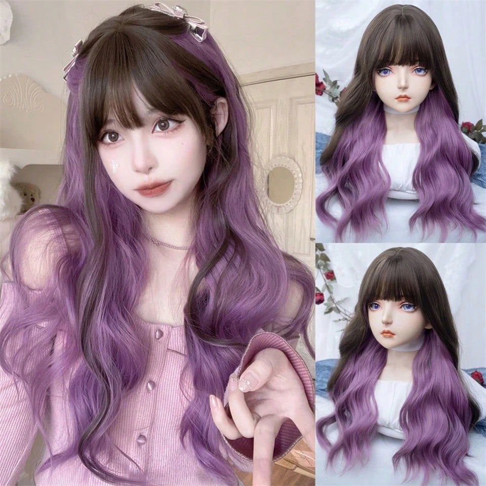 LM Long Body Wave Black And Gray Ombre Cosplay Wigs Heat Resistant Synthetic Wigs Bangs Natural Lolita Wigs For Women Halloween