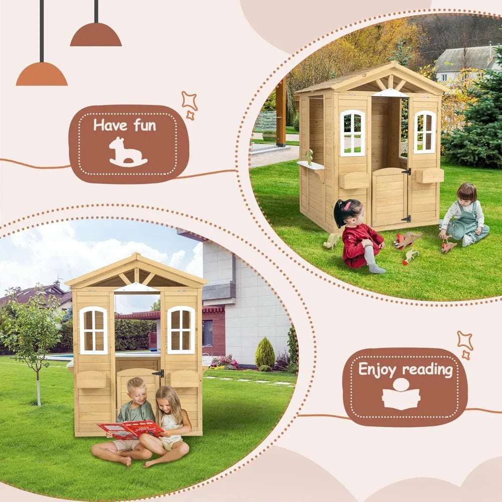 Outdoor Kids Wooden Playhouse Storage Toy Box with Operable Doors Windows Planter Rack Serving Station 39" x 38" x 55.5"