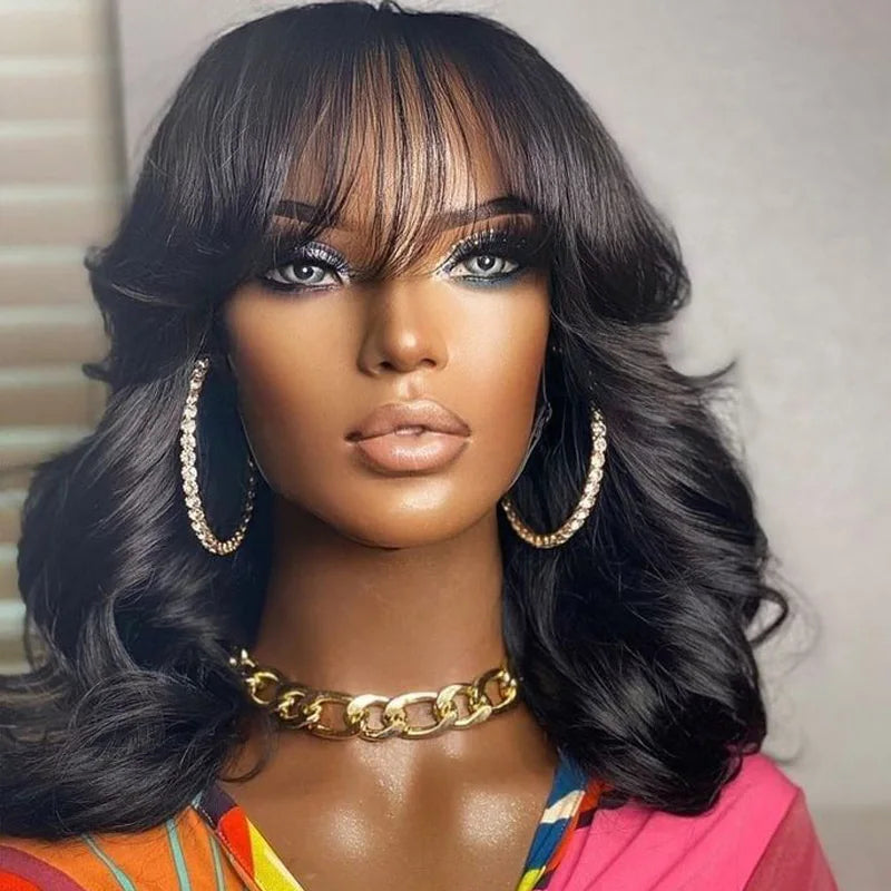 Chic Body Wave Bob Wigs With Bangs Human Hair Wigs 180% Density Glueless Full Machine Made Peruvian Remy None Lace Fringe Wig