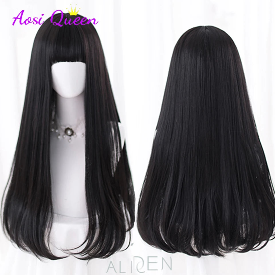 AS Long Straight Black Synthetic Wig For Woman With Bangs black Cosplay Lolita Wigs Heat Resistant Natural Hair