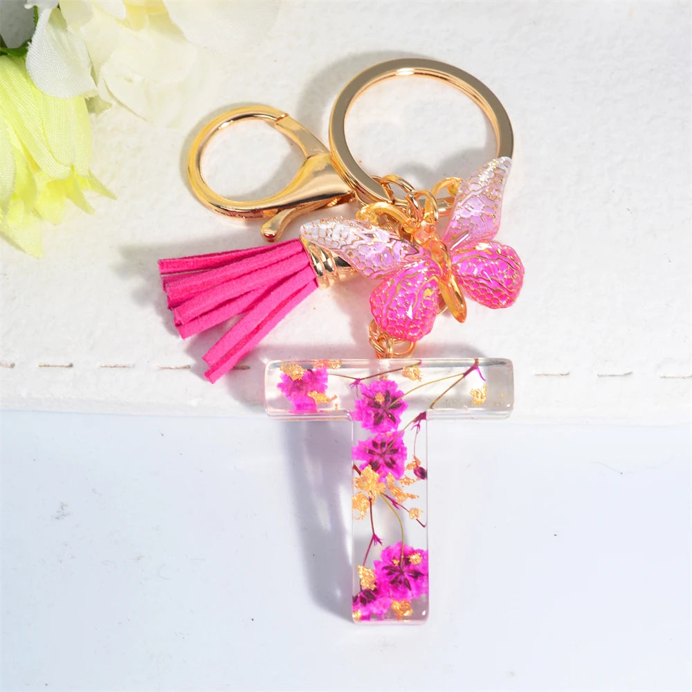 Exquisite Pink Dry Flower Resin 26 Initial Keychain Butterfly Tassel Pendant A to Z Keyring for Women Valentine's Day Gift