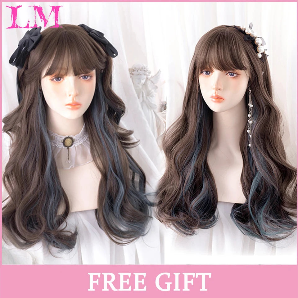 LM Cosplay Wig With Bangs Synthetic Straight Hair 24 Inch Long Heat-Resistant Pink Wig For Women