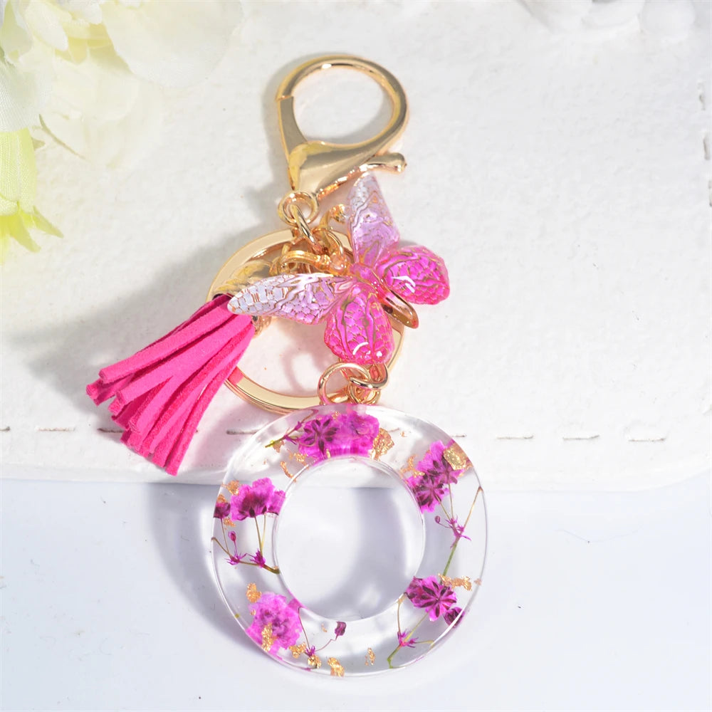 Exquisite Pink Dry Flower Resin 26 Initial Keychain Butterfly Tassel Pendant A to Z Keyring for Women Valentine's Day Gift