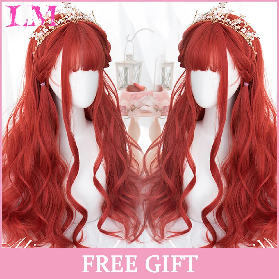 LM Cosplay Wig With Bangs Synthetic Straight Hair 24 Inch Long Heat-Resistant Pink Wig For Women