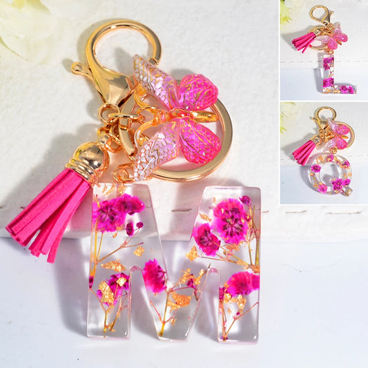 Exquisite Pink Dry Flower Resin 26 Initial Keychain Butterfly Tassel Pendant A to Z Keyring for Women Valentine's Day Gift